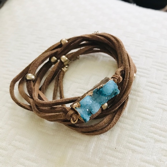 Blue Faux Druzy Bracelet Necklace Brown Suede - Picture 1 of 3